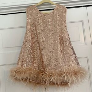 Entro Gold Sequin Feather Trim Sleeveless Tank Top Sz Small S